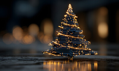 Glowing circuit board lines and sparkling particles creating a futuristic christmas tree silhouette, representing technology and holidays