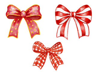 Watercolor red Christmas bows set with polka dot, striped, and gingham ribbon designs. Festive holiday bow elements isolated on transparent background for gifts, cards, and decor.