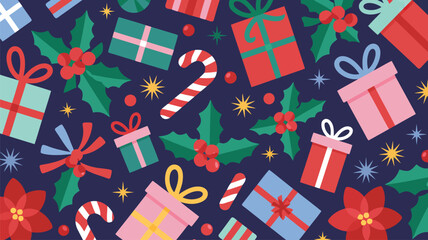 Fototapeta premium A festive seamless pattern features colorful Christmas gifts holly and candy canes on a dark blue surface