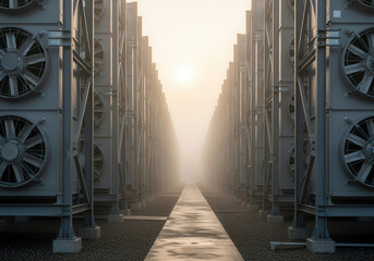Industrial cooling fan corridor at sunrise
