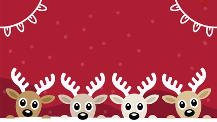 Obraz premium Adorable reindeer characters with white antlers appear from a snowy ground on a festive red backdrop