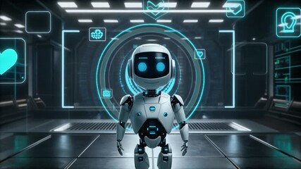 Futuristic AI Robot Interface with Digital Data and Technology IconsXR - Powered by Adobe