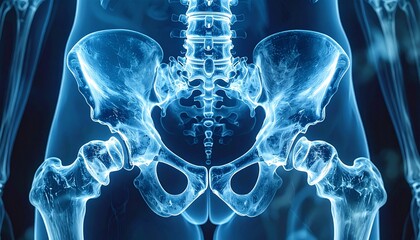 X-Ray of Human Pelvic Region Showing Pelvis, Hip Joints, Sacrum, Coccyx, and Upper Femur Bones in Blue Tone