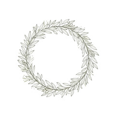 Circular illustration of a wreath composed of olive branches on a white background