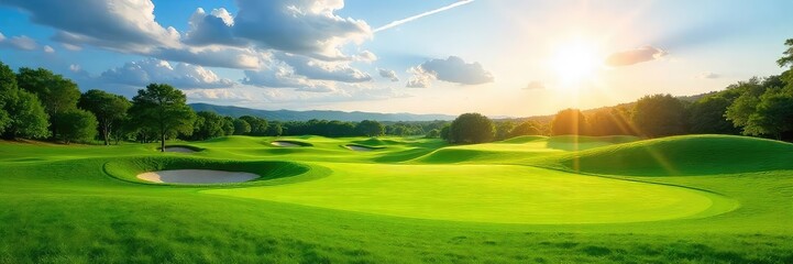 Sun-drenched golf course fairway, lush green grass, gently rolling hills, beautiful landscape, perfect for golfing  Ideal for backgrounds or website design ,  green grass,  tranquility