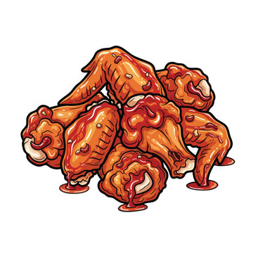 A stylized illustration of a pile of chicken wings, glazed and dripping sauce