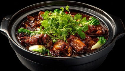 Rich Braised Pork Belly Stew with Fresh Greens in Dark Clay Pot, Appetizing Studio Shot.