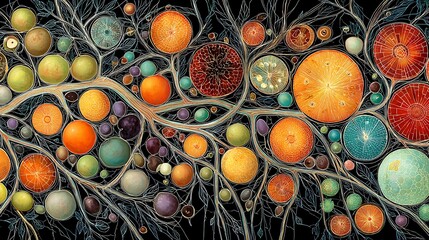 A complex, intricate tree-like structure filled with colorful, spherical shapes and patterns, set against a dark background.