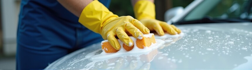 Someone is cleaning a car with a sponge and yellow gloves banner
