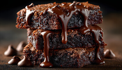 Rich chocolate brownie slices stacked with melted chocolate glaze. Moist baked squares with gooey topping, perfect dessert for any occasion. Decadent sweet treat.