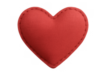 Red fabric heart symbolising love and romance, handmade plush cushion for valentine's day on transparent background