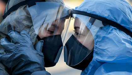 Emotional moment between two individuals wearing full-body protective coverings