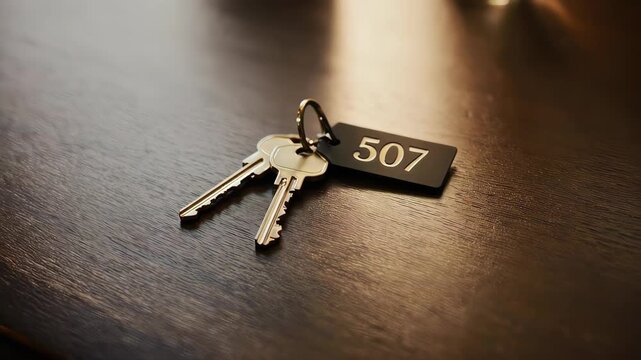 Hotel Room Keys on Wooden Table.