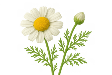 Chamomile flower illustration showing a blooming white blossom and an unopened bud with green leaves on a transparent background