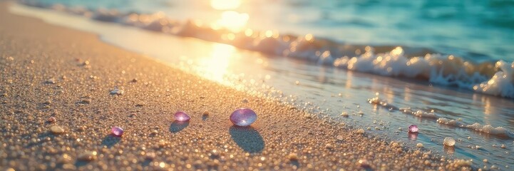 Sun-kissed beach, glittering jewels scattered across the sand at low tide, reflecting sunlight A tranquil scene of nature's hidden treasures , sunlight, seaside
