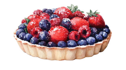 Watercolor berry tart with strawberries blueberries raspberries dessert pastry illustration food art isolated on white background