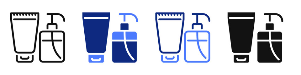 Vector icon or logo of cream tube and shampoo bottle related to cosmetics products, beauty and fashion industry. Symbol for website or app UI, logo design, illustration