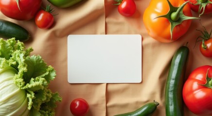 White card surrounded by vegetables on a table gift card concept copy space