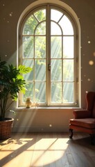 Sunlight streams through a large window illuminating dust motes dancing in the air of a bright, airy room A sense of calm and peaceful daytime rest pervades the scene , architecture, sunbeam