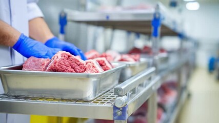 Medium shot of a worker loading fresh meat onto a stainless steel trolley in a clean industrial facility emphasizing hygiene and safe handling practices.