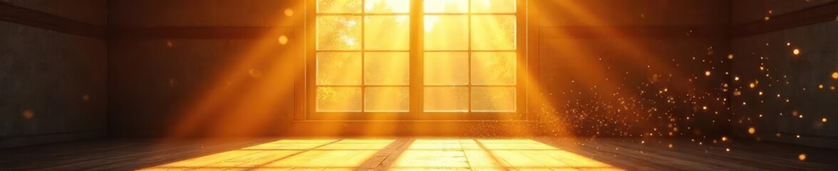 Sunlight streams through a large window, illuminating dust motes dancing in the golden rays The bright light creates a warm and inviting atmosphere in the otherwise empty room , clean, building