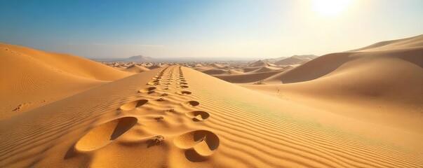 Vast, sandy landscape imprinted with countless footprints, stretching to the horizon under a clear sky A testament to journeys past and future adventures awaiting , serene, geology