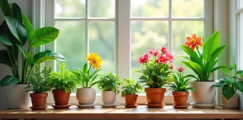 Vibrant potted plants add a touch of nature's beauty to a stylish home interior, enhancing the ambiance with lush greenery and colorful blooms , sustainable decor, indoor plants