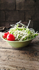 sunflower sprout in green ceranic blow  on old wood table kitchen