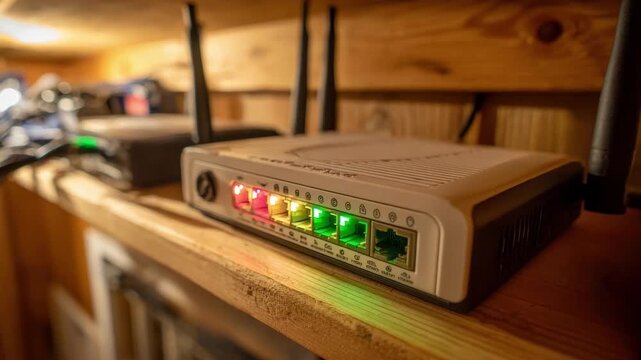 Indoor wireless router installation capturing detailed view of signal indicator lights and placement on a wooden shelf enhancing connectivity for multiple users