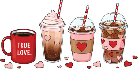 A fresh chocolate ice cream dessert served in a white cup alongside a cold coffee beverage with milk and a straw, isolated on a white background