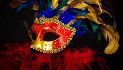 Ornate Venetian mask with gold details, vibrant feathers, and a red base, on a dark background