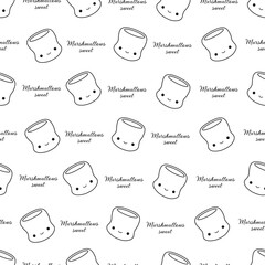 Seamless vector pattern with cute marshmallows, fun kawaii coloring page