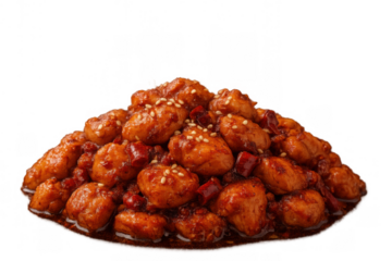 Kung pao chicken stir-fried with peanuts, chili peppers, and sesame seeds, authentic chinese takeout cuisine