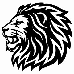 Dynamic black and white vector illustration of a powerful roaring lion's head in profile, showcasing strength and wild spirit