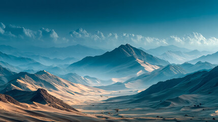Majestic mountain desert landscape with layered sand dunes and distant peaks