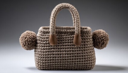 Cozy Hand-Knitted Beige Bag with Fluffy Pom-Poms, Elegant Studio Product Shot.