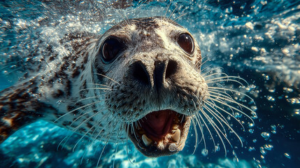 Close up of playful seal swimming underwater in blue ocean