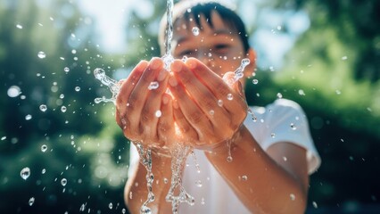 Child cupping water in hands, droplets splash outward in sunlit outdoor setting