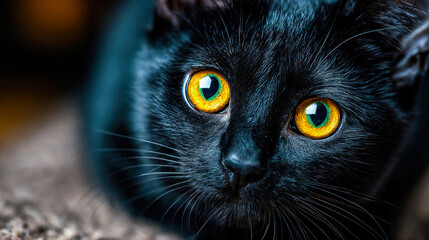 Black cat staring directly at camera with luminous amber eyes in soft indoor light