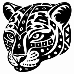 Stylized Jaguar Head Design with Intricate Tribal Patterns and Geometric Motifs