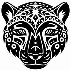 Stylized Jaguar Head Illustration with Intricate Tribal Patterns and Majestic Feline Design