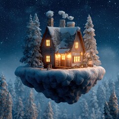 Enchanted Floating Winter House Island with Warm Glowing Windows Under a Starry Night Sky.