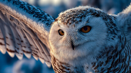 Snowy owl spreading wings in cold winter light with intense golden eyes