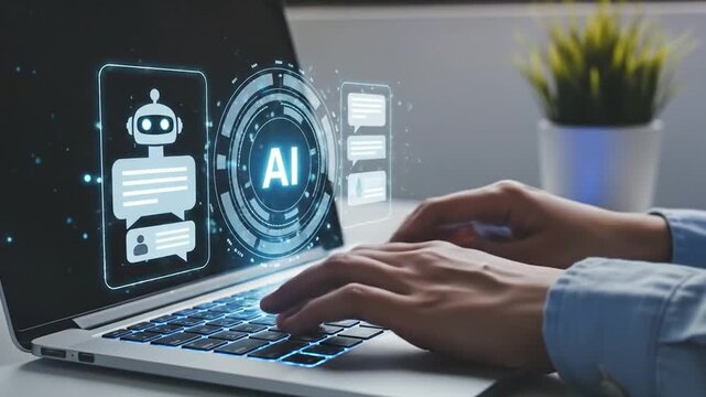 Hands typing on laptop interface with glowing AI assistant chatbot