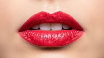 Obraz premium Close-up of lips with bright red lipstick and white teeth