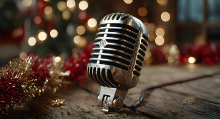 Classic vintage microphone on a wooden surface, surrounded by red and gold tinsel with warm blurred Christmas lights for a festive holiday music performance concept