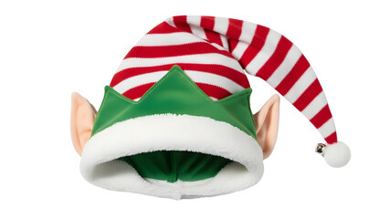 Holiday Red and White Striped Elf Hat with Green Trim and Attached Ears, isolated on white