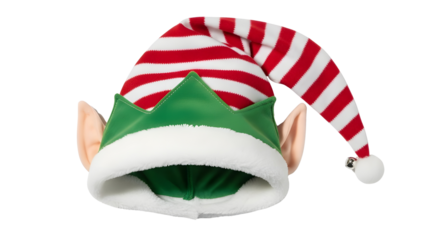Holiday Red and White Striped Elf Hat with Green Trim and Attached Ears, isolated on white