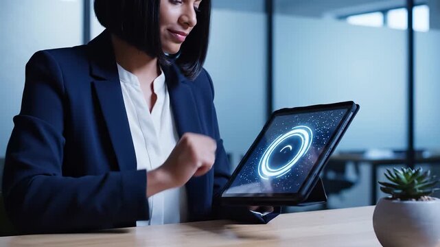 Businesswoman touches shield security icon on tablet at desk. Woman uses tablet with shield protection display. Businesswoman works with security shield on tablet. Office desk with shield icon.