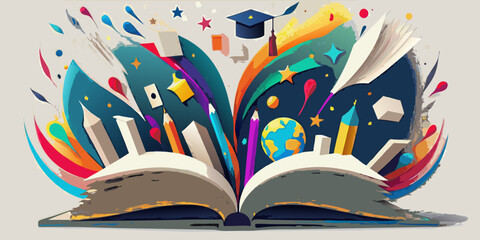 An explosion of learning books pencils and a graduation cap